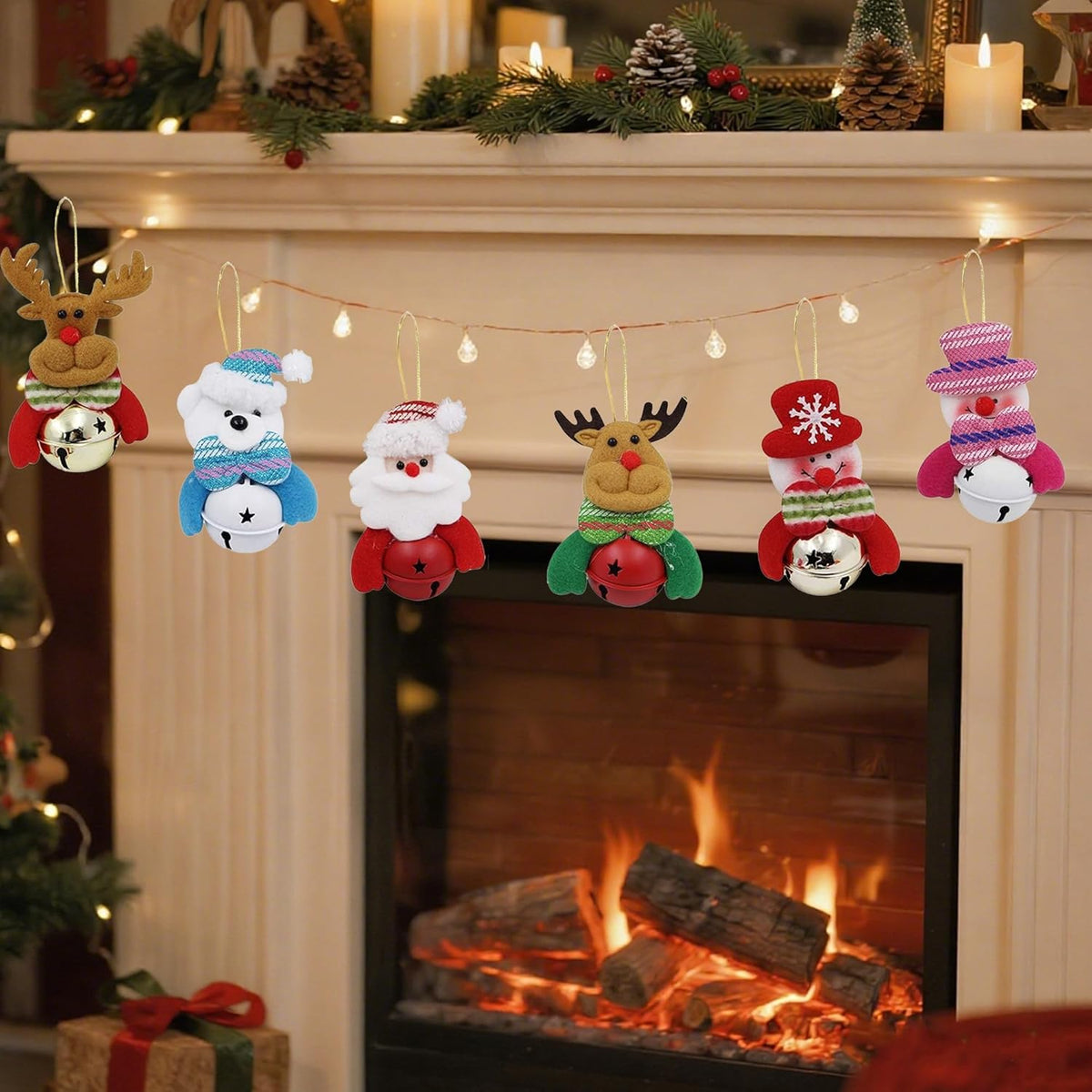 Happy Trees Christmas Tree Plush Ornaments Set for Xmas Home Party Decor, Christmas Hanging Snowman Elk Santa Claus Polar Bear Decorations with Metal Bells, 8 Pcs (Set of 8)