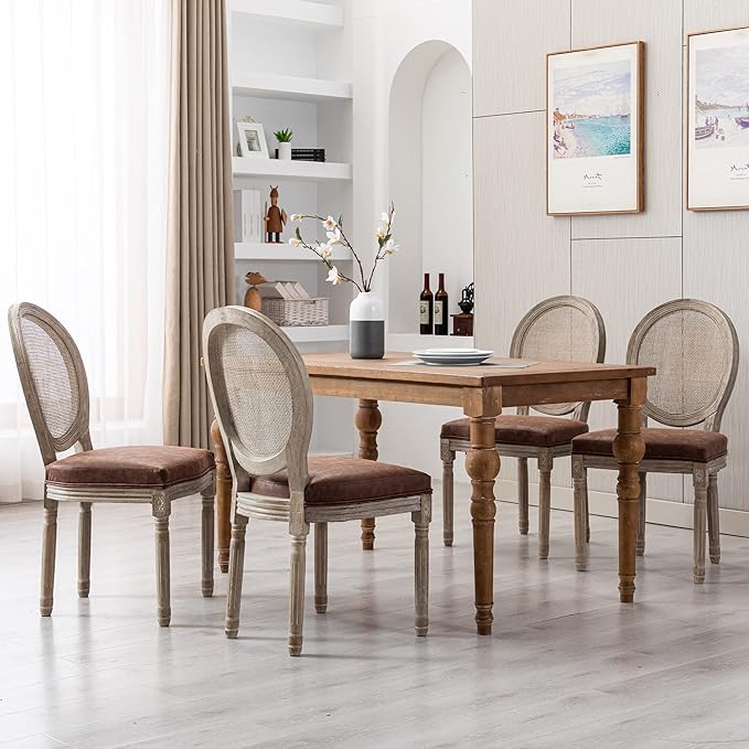 Farmhouse Leather Dining Room Chairs Set of 6 French Dining Chairs with Round Rattan Back French Bistro Chairs for Dining Room/Living Room/Kitchen/Restaurant, Brown