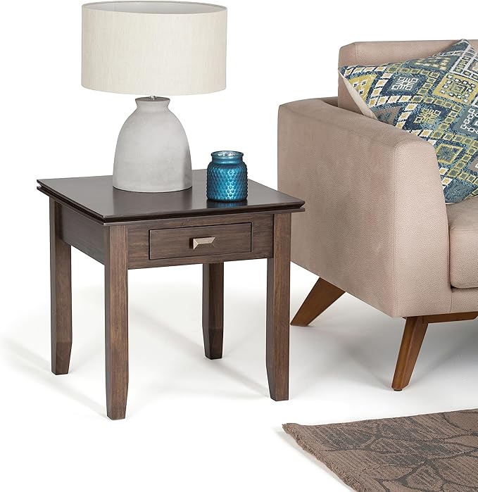 SIMPLIHOME Artisan SOLID WOOD 21 inch wide Square End Table End Side Table in Natural Aged Brown with Storage, 1 Drawer, for the Living Room and Bedroom