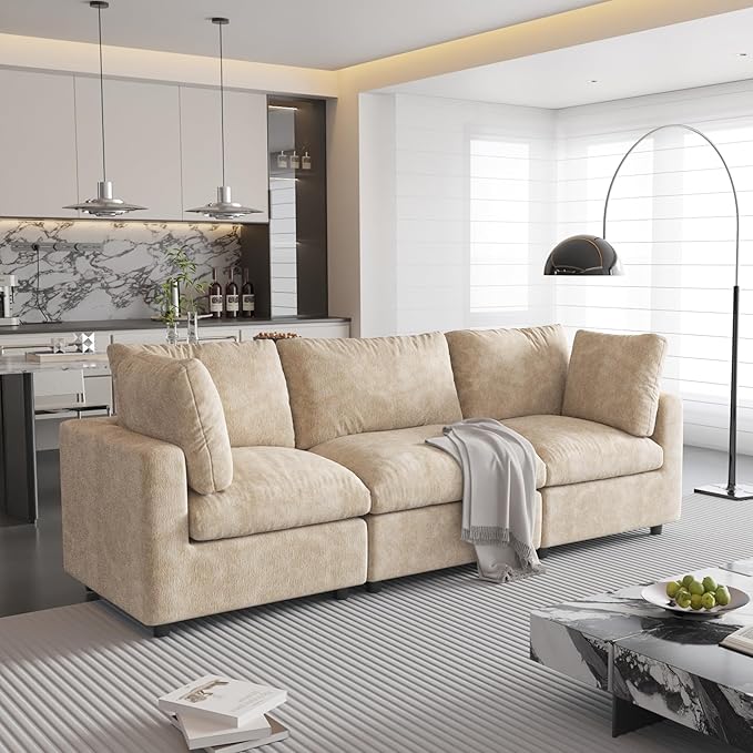 WJShome Modern Sectional Couches for Living Room,100 Inch 3-Seater Chenille Deep Seat Modular Sofa, Cloud Couch for Bedroom and Apartment，Khaki