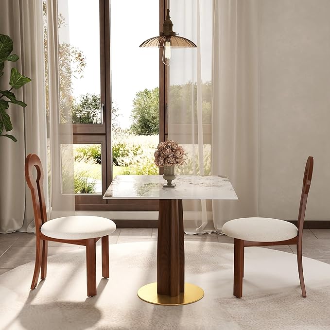 Sintered Stone Square Office Table and Chair Set - Meeting Table for Small Offices (Walnut‌ Leg and Pandora Top, 1 Table and 2 Chairs)