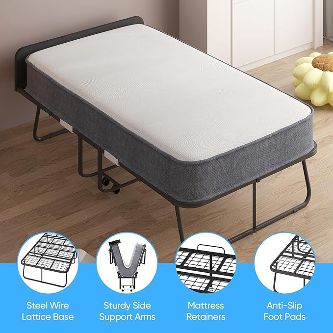 Mjkone Folding Bed with Mattress, Rollaway Bed for Adults with Headborad & Dustproof Bag, 5 Inch Portable Fold Up Bed for Guests with Casters, Foldable Frame, Space Saving for Bedroom（75" x 46"）