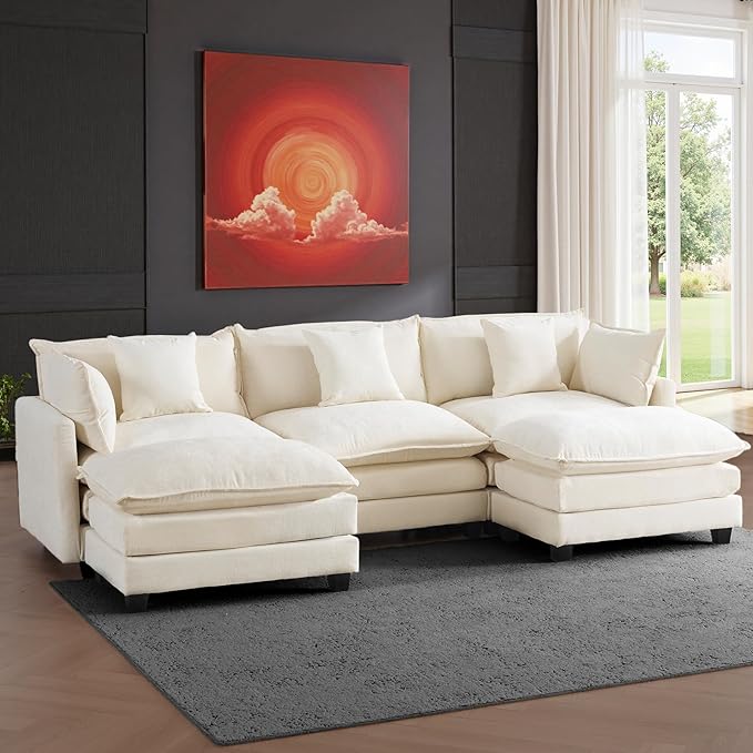 Expandable Modular Sectional Sofa with Ottoman, 111.4" Cloud Chenille U-Shape Couch, Reversible Chaise & 2nd Ottoman for Large Spaces, Deep Seat, Solid Wood Frame
