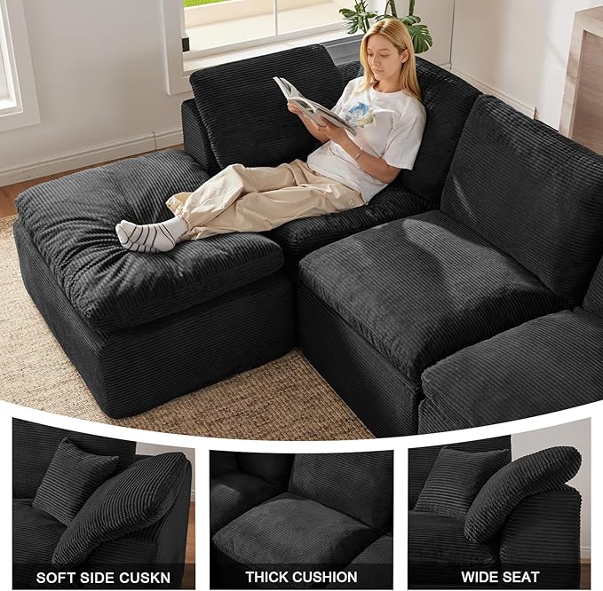 112" Cloud Sectional Couch, Boneless Couches for Living Room, L Shaped Couch with Convertible Ottoman, Modular Sectional Sofa with Deep Seat, Comfy Soft Cushions, No Assembly, Black