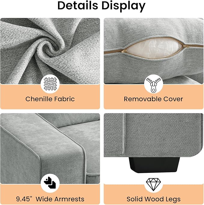 RISAR 88.58" Modern Sofa for Living Room, Chenille Couch with Removable Cover & Spring Cushions, Solid Wood Frame, Easy Assembly for Small Spaces (Light Gray)