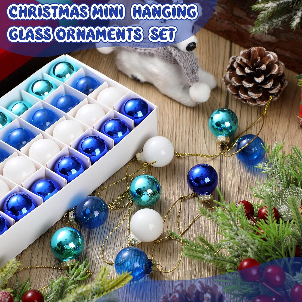 Tioncy 32 Pcs 1 Inch Mini Glass Christmas Ornaments Balls Shiny Christmas Balls Tiny Tree Hanging Decoration Small Colorful Ball Pendant for Xmas Party Supplies(Multi Blue, White)