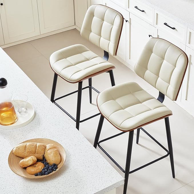 Mid Century Modern Bar Stools Set of 2 for Kitchen Island,Upholstered Beige Faux Leather Counter Height stools,26 Inch Counter stools with Walnut Grain Back