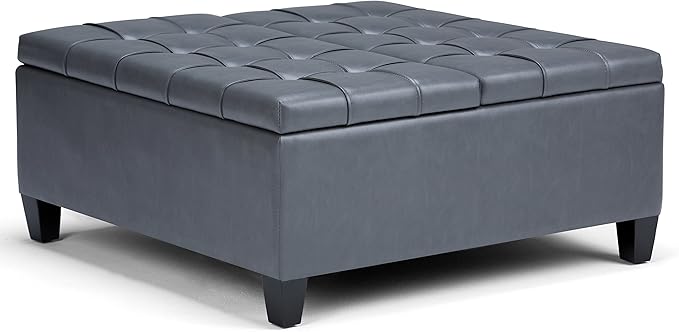 SIMPLIHOME Harrison 36 inch Wide Transitional Square Coffee Table Storage Ottoman in Stone Grey Vegan Faux Leather, Assembled, for the Living Room and Bedroom