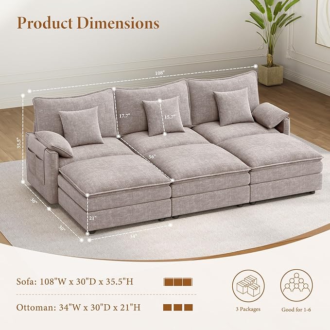Vesgantti 108" Sectional Sleeper Sofa, 6-Seater Oversized Modular Cloud Couch with Movable Ottoman, Chenille Large Sofa Bed Convertible Deep Seat Couches for Living Room, Bedroom and Apartment, Brown