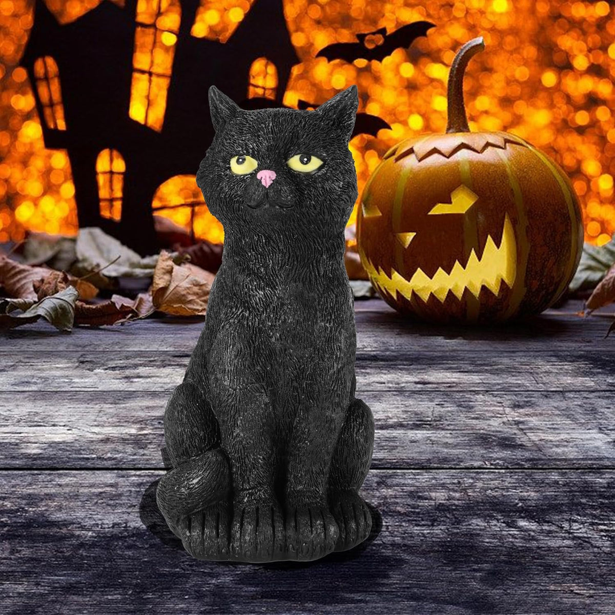 Black Cat Figurine with Glow-in-The-Dark Eyes - 7.3" Spooky Resin Halloween Decorations Halloween Decor Outdoor/Indoor (Black Cat)