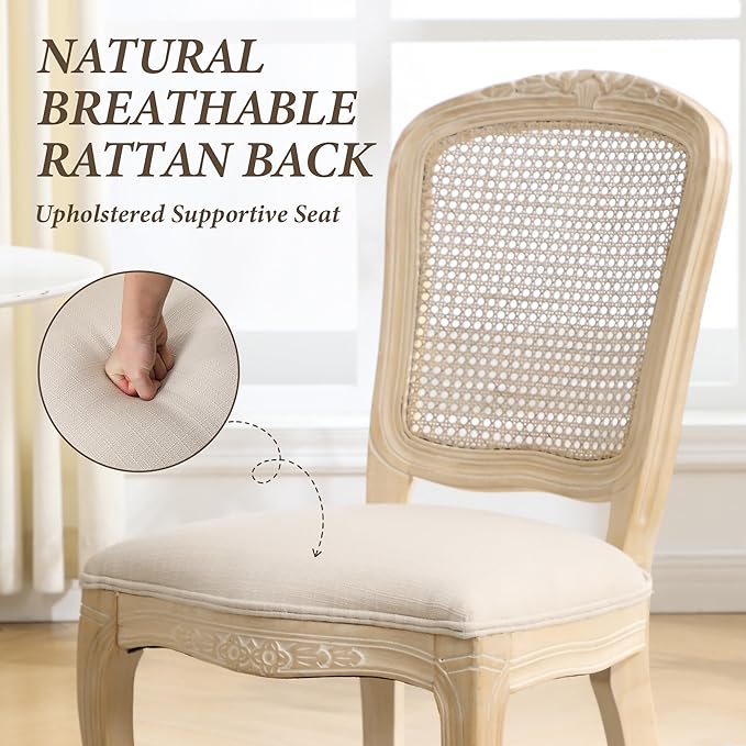 Wicker Dining Chairs Set of 2, Upholstered Linen Fabric Dining Room Chairs with Square High Rattan Back Farmhouse French Kitchen Chairs for Dining Table/Living Room/Restaurant, Cream