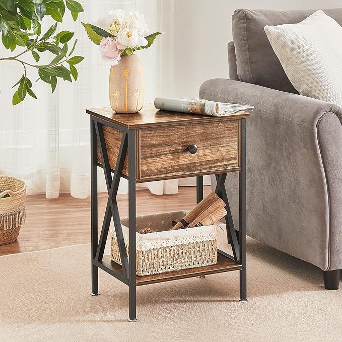 VECELO End Tables, Modern Nightstand with Drawer & Shelf, Night Stand for Bedroom Living Room,Industrial Metal Frame