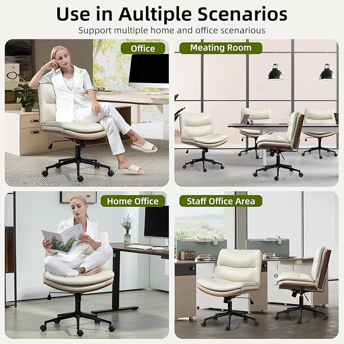 Office Chair, Criss Cross Legged Office Desk Chairs with Wheels, PU Leather Adjustable Swivel Walnut Task Chair with Wide Seat, Ergonomic Mid Back Computer Chair for Meeting Room, Home