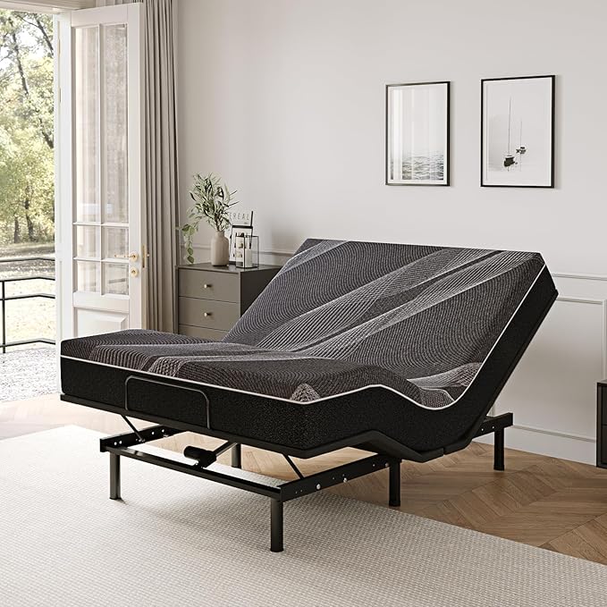 Queen Adjustable Bed Base Frame with Wireless Remote + 12 Inch Queen Gel Memory Foam Mattress Bed in a Box, Head and Foot Incline, Zero Gravity, Fiberglass Free, 80" × 60"