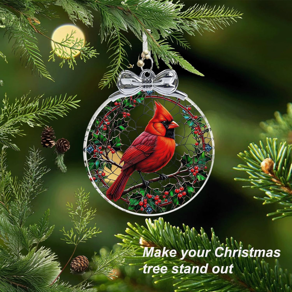 Cardinal Stained Glass Christmas Ornament - Hanging Ornaments for Christmas Tree Decorations - Red Cardinal Memorial Gifts for Loss of Loved One