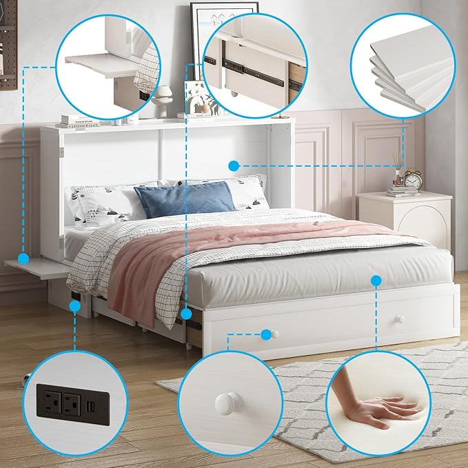 Mjkone Murphy Bed Queen Cabinet Bed with Tri-fold Mattress and Built-in USB Charging & 2 Drawers & Bedside Panel, Hidden Guest Beds, Murphy Cube Chest Cabinet Beds for Bedroom/Apartment - White