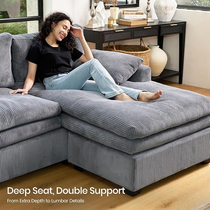 Belffin Large Modular Sectional Sofa with Deep Chaise, 73.6" Corduroy L Shaped Couch with 9" Soft Dual-Layer Seats Cushion for Living Room, Apartment, Light Grey