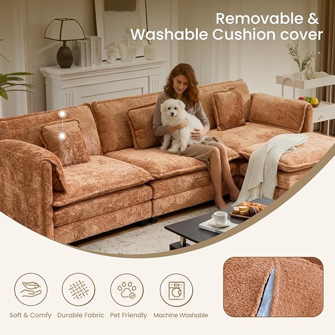 112" U Shaped Modular Sectional Sofa, 3 Seater Comfy Cloud Couch with Movable Ottoman, Deep Seat Couches for Living Room, Bedroom,Apartment (Orange)