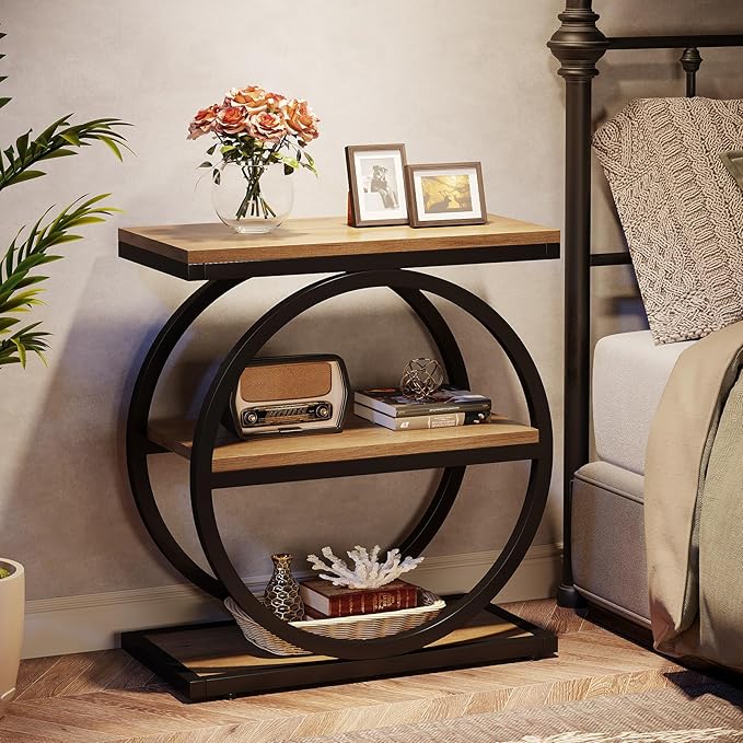 Tribesigns Side End Table with 3 Storage Shelves Set of 2, Industrial Sofa Table with Round Metal Frame for Living Room, Engineered Wood Nightstand for Bedroom, Oak