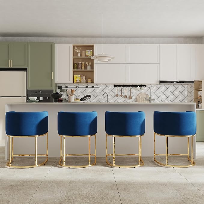 Contemporary Blue Velvet Bar Stools Set of 4, 24" Upholstered Fabric Counter Height Barstools Kitchen Counter Island Stools with Golden Metal Base