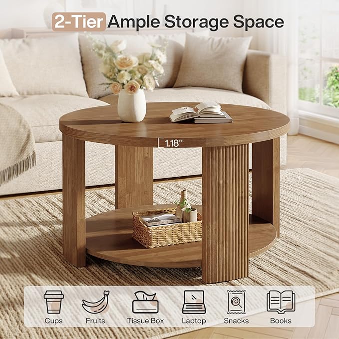 Tribesigns 2-Tier Round Coffee Table for Living Room, 31.5-Inch Mid-Century Modern Circle Accent Center Table with Thick Tabletop, Farmhouse Low Cocktail Tea Furniture, Easy Assembly (Rustic Brown)