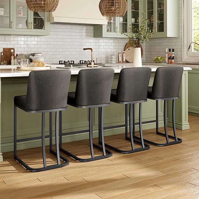 MAISON ARTS Counter Height Bar Stools with Back Set of 6 for Kitchen Counter, 24 Inch Modern Upholstered Faux Leather Barstools Farmhouse Bar Chairs Luxury Island Stools Support 330LBS, Grey