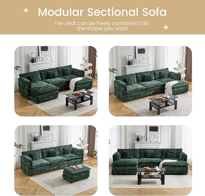 147.8" U Shaped Modular Sectional Sofa, Comfy Cloud Couch with Movable Ottoman, Deep Seat Modular Sofa, Sectional Couches for Living Room, Bedroom, Apartment (Green)