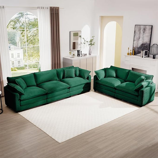 mikibama Luxury 2 Piece Sofa Set, 3-Seater & Loveseat Couch Set, Modern Corduroy Comfy Cloud Couches Set for Living Room Office with 4 Armrest Pillows and 5 Toss Pillows, Green