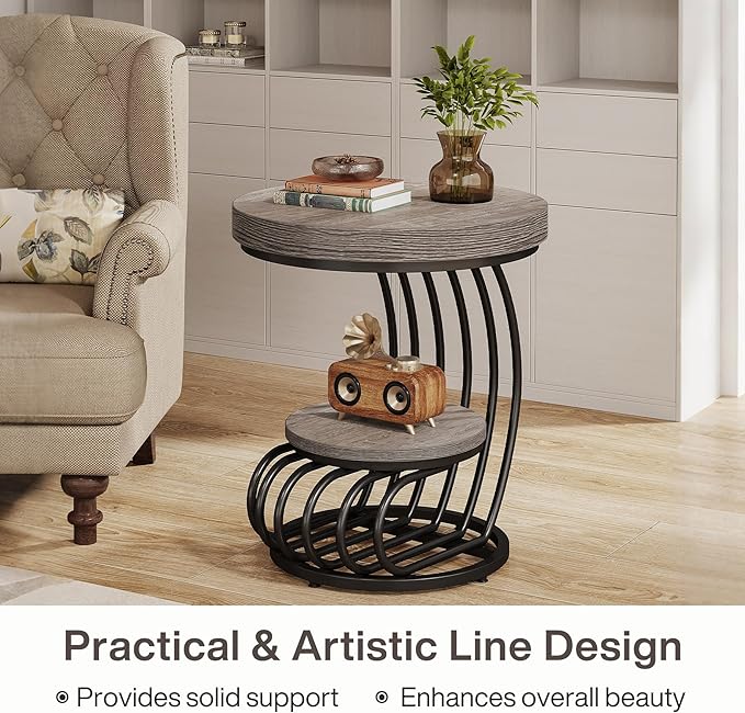 Tribesigns Round End Table Set of 2, 2-Tier Farmhose Wood Side Table with Shelf Storage, Small Sofa Side Bedside Nightstand, Accent Furniture for Living Room, Grey