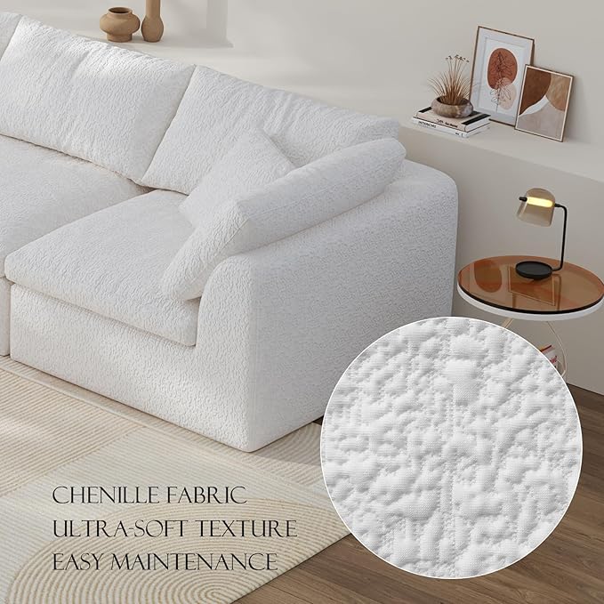 138" Boneless Cloud Couch Modular Sectional Sofa with Deep Seat for Living Room, L Shape Couch with Ottoman, Snowflake Cloth and 40D Memory Sponge，2 Throw Pillows (White, 4 Seater+4 Ottoman)