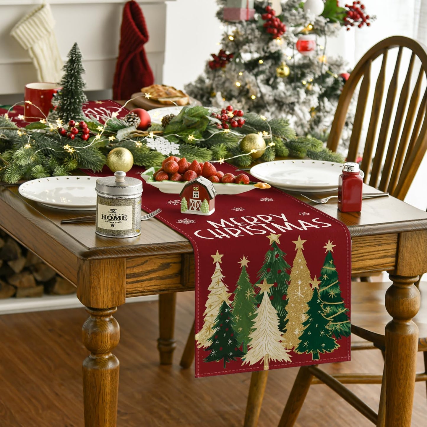 Artoid Mode Xmas Trees Snowflakes Red 210 GSM Merry Christmas Table Runner, Winter Kitchen Dining Table Decoration for Home Party Decor 13x48 Inch