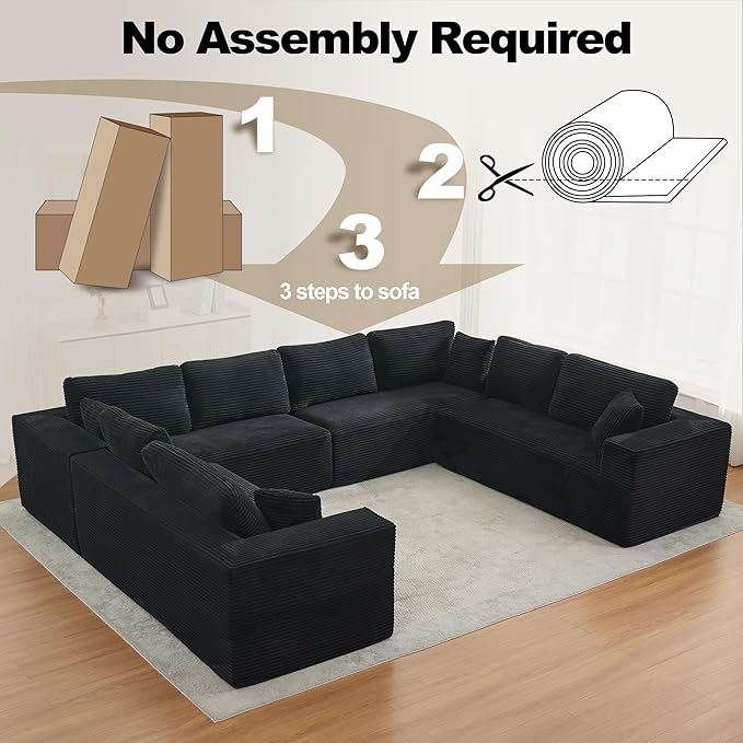 Modular Sectional Cloud Couch for Living Room,Modern Boneless Couche Set with Plush Corduroy,Comfy Floor Sofa with Memory Foam,Stupendous U Shaped Sofa,No Assembly Required,Black