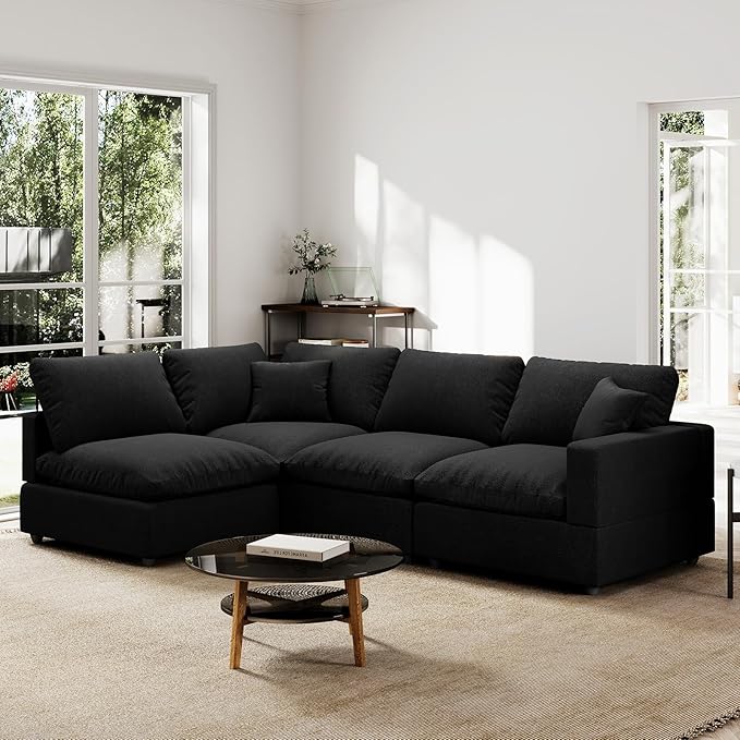 Modern Sectional Linen Couch for Living Room,4 Seat Modular Cloud Sofas,Detachable Couch Cushion Covers,Cozy Feather Down Sofa for Apartment Black