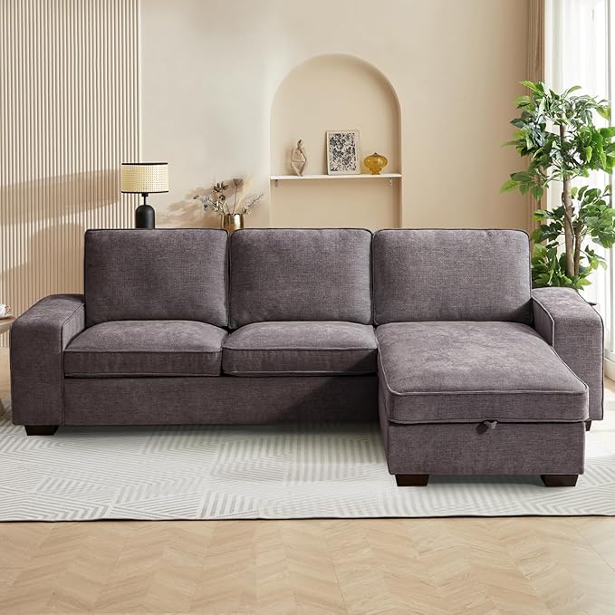 RISAR 100" L-Shaped Sofa with Chaise and Built-in Storage for Living Room, Couch with Chenille Fabric, Removable Cushion Covers & USB Type-C Ports (Dark Gray)