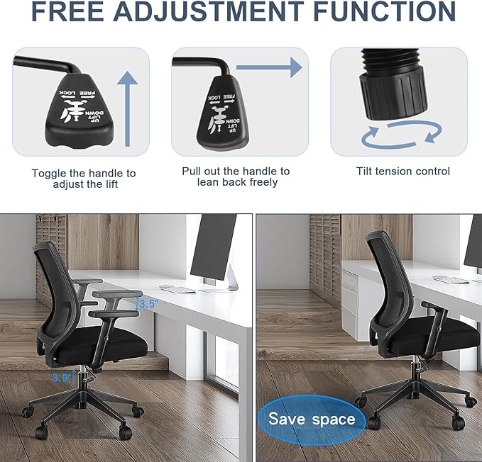 Ergonomic Office Chair Home Mesh Desk Chair with Adjustable Arms - Mid Back Computer Chairs for Adults - Swivel Task Chair Comfortable for Home Office (Black)