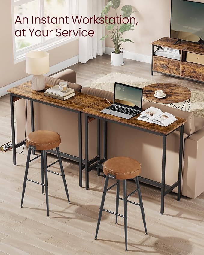 VASAGLE Bar Table, Narrow Long Kitchen Dining Table with Charging Station, Sturdy Metal Frame, Industrial, 15.7 x 39.4 x 35.4 Inches, Rustic Brown and Ink Black ULBT101K01