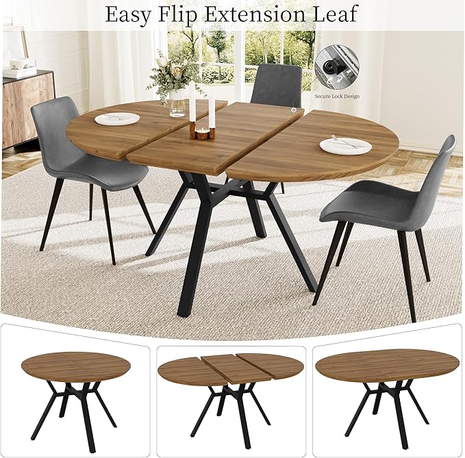 Extendable Round Dining Table Set for 6 People, 43.3"-59.1" Extendable Kitchen Table with 6 Upholstered Chairs, Space Saving for Kitchen Dining Room (Walnut Table+6 Grey Chairs)