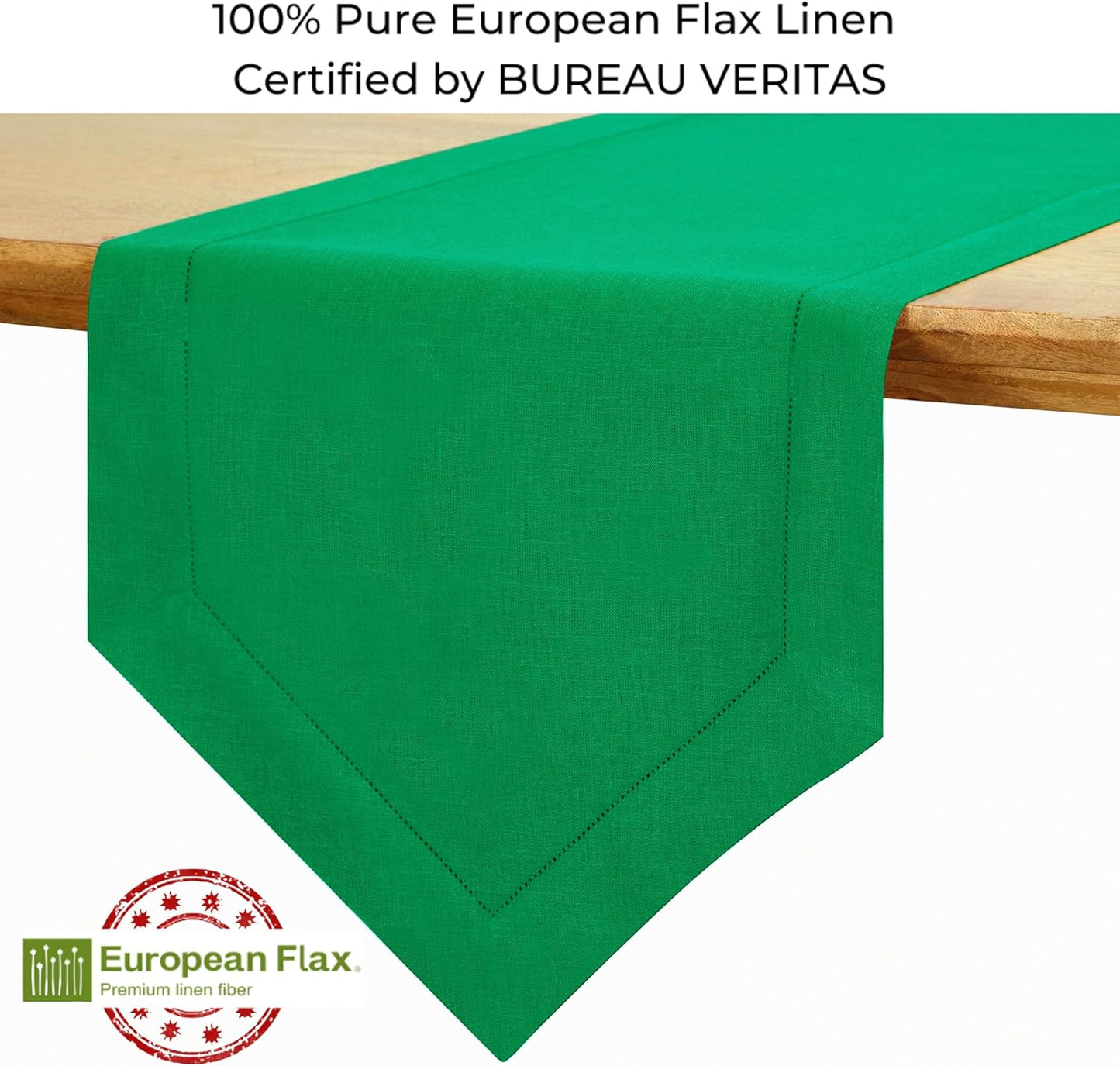D'Moksha Homes Kelly Green Linen Table Runner 120 Inches Long - 100% Pure Linen Diamond Table Runner 14 x 120 Inch for Dining, Fall and Halloween - Machine Washable