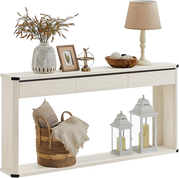 VASAGLE Console Table, 63 Inches Sofa Table, Narrow Entryway Table, Entry Table with 3 Drawers, Bottom Shelf, Metal Corners, for Living Room, Bedroom, Farmhouse Style, Rustic White ULNT146W73