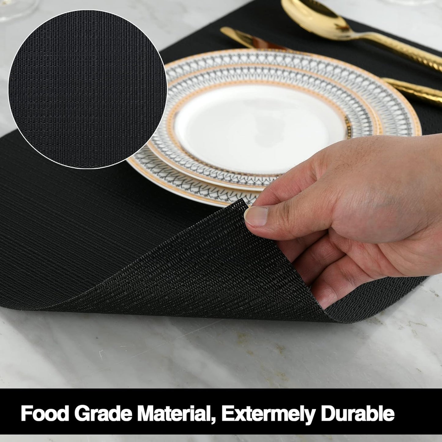 Black Placemats Set of 4 - Easy Clean Washable Vinyl Placemats - Wipeable Heat Proof Table Mats for Dining Table - 17x12 Inch (Pure Black, 4)