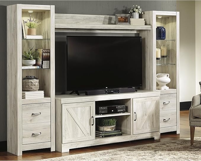 Signature Design by Ashley Bellaby Farmhouse 4-Piece Entertainment Center for TVs up to 72" with Adjustable Shelves, Whitewash