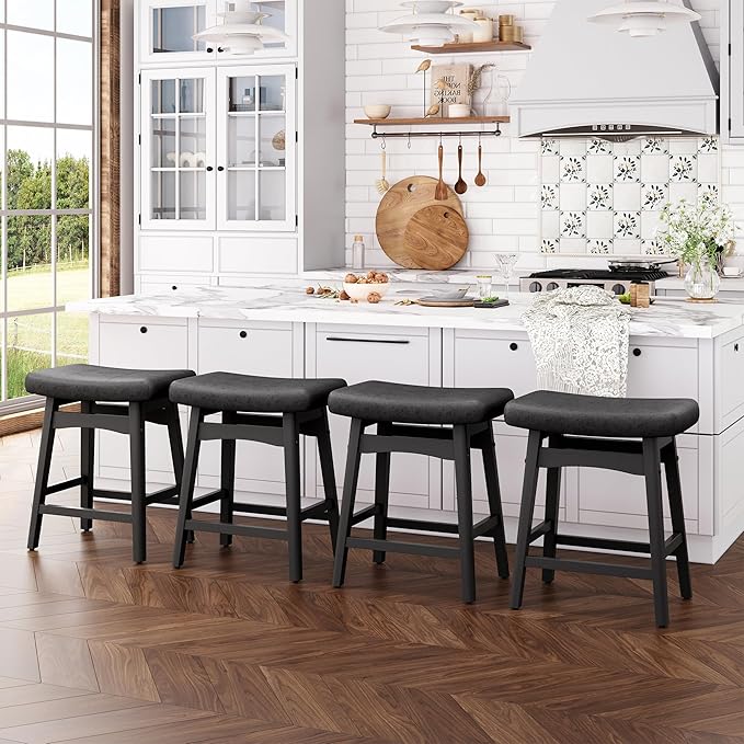 ALPHA HOME Bar Stools Set of 4, Solid Wood Saddle Kitchen Stools with Black PU Leather Cushion Counter Height Barstools with Wooden Base for Kitchen Dining Cafe, 24 Inch, Black, 4PCS