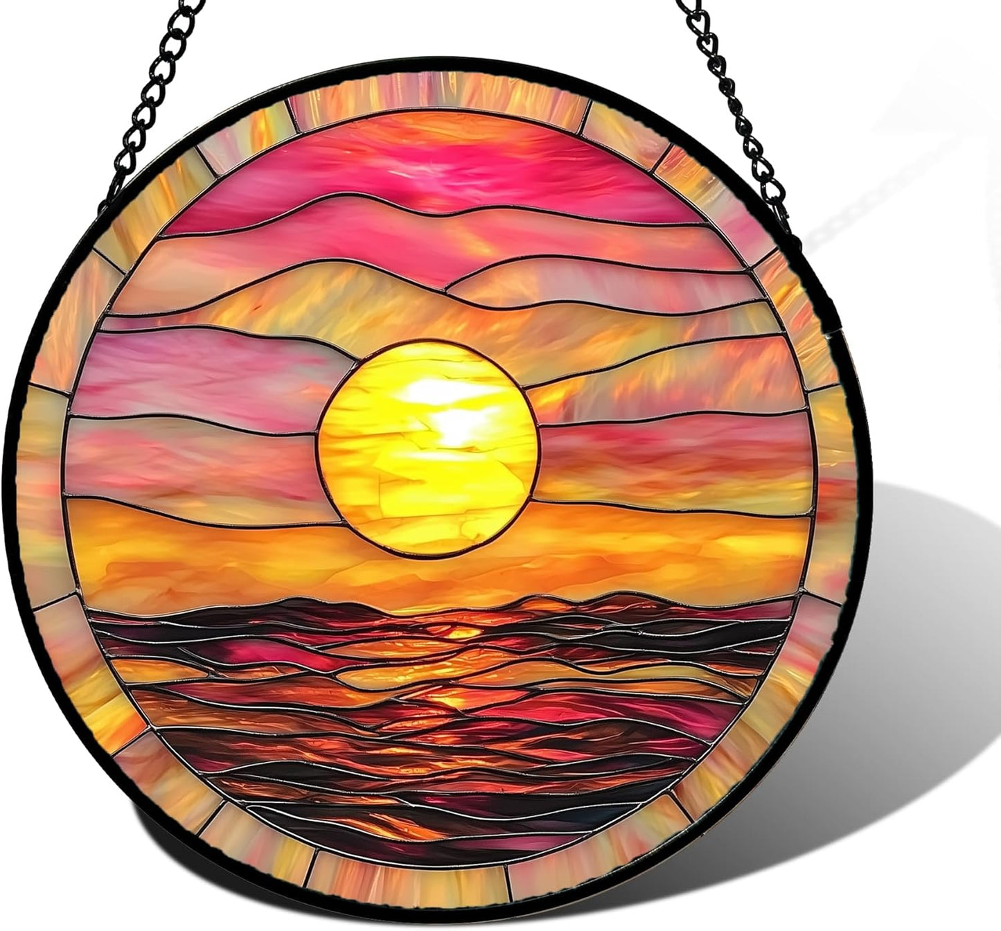 Stained Glass Window Hanging, Sunrise Sea Surface Sun Catchers Diamond Glass Panel Hangings Abstract Suncatcher Decor for Birthday for Women, Men, Wife, Aunt, and Mom 7.8 in