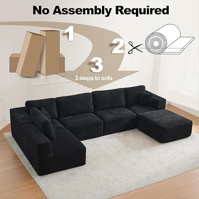 Modular Sectional Cloud Couch for Living Room,Modern Boneless Couche Set with Plush Corduroy,Comfy Floor Sofa with Memory Foam,Stupendous U Shaped Sofa with Ottoman,No Assembly Required,Black