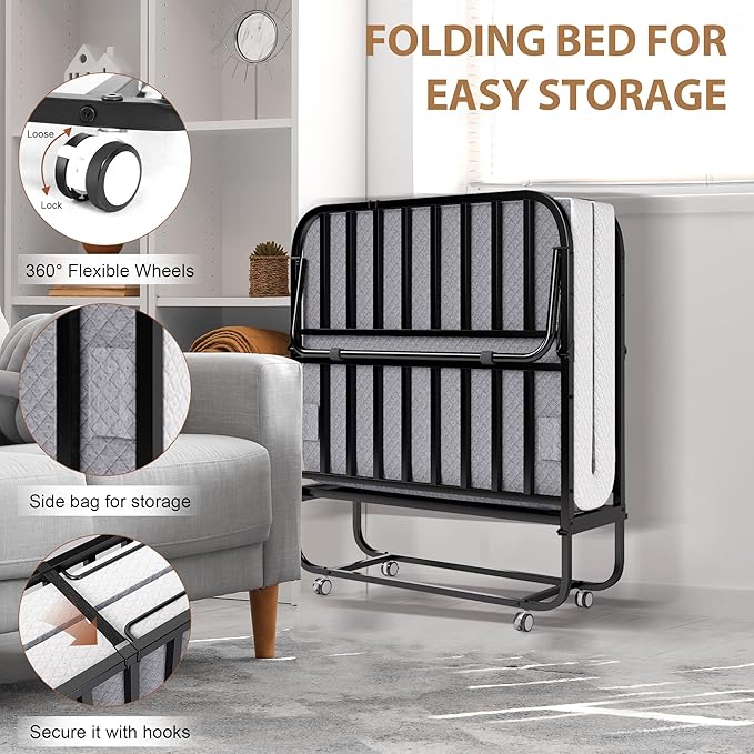 Folding Bed with Memory Foam Mattress, Portable Rollaway Guest Beds on Wheels, 75"x38" Twin Size Space-Saving Cot-Size Bed for Adults with Easy Assembly Metal Frame (Grey)