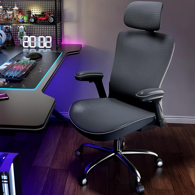 Ergonomic Office Chair-Computer X-Shaped Chair Mesh PU Leather with Adjustable Lumbar Support-Executive Desk Chair High Back with Headrest Flip-Up Arms for Long Hours (Black)