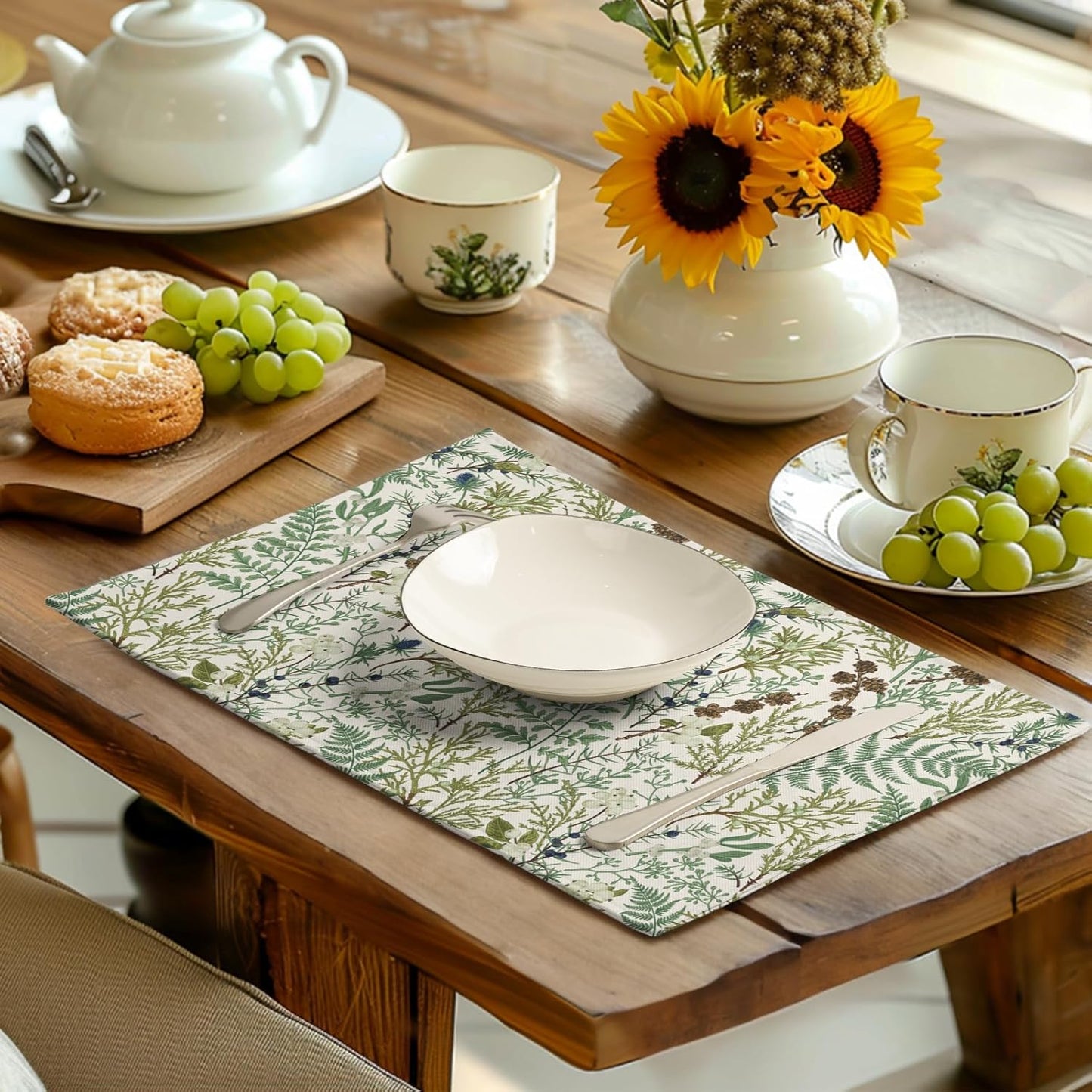 Sage Green Botanical Floral Placemats Set of 4 Vintage Tropical Herbs Fern Leaves Place Mats 12x18 Inch Seasonal Plant Spring Summer Linen Fabric Table Mats for Party Kitchen Dining Decor