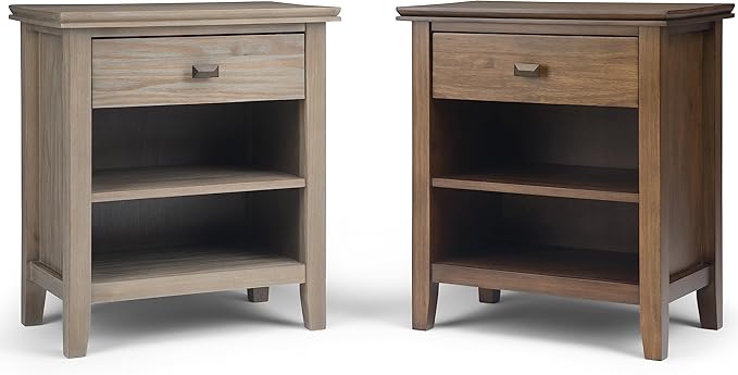 SIMPLIHOME Artisan Bedside Table - 24 inch Wide Solid Wood Nightstand Table in Distressed Grey, Contemporary Bedroom Side or End Table with 1 Drawer, Open Shelf Storage and Bronze Knobs