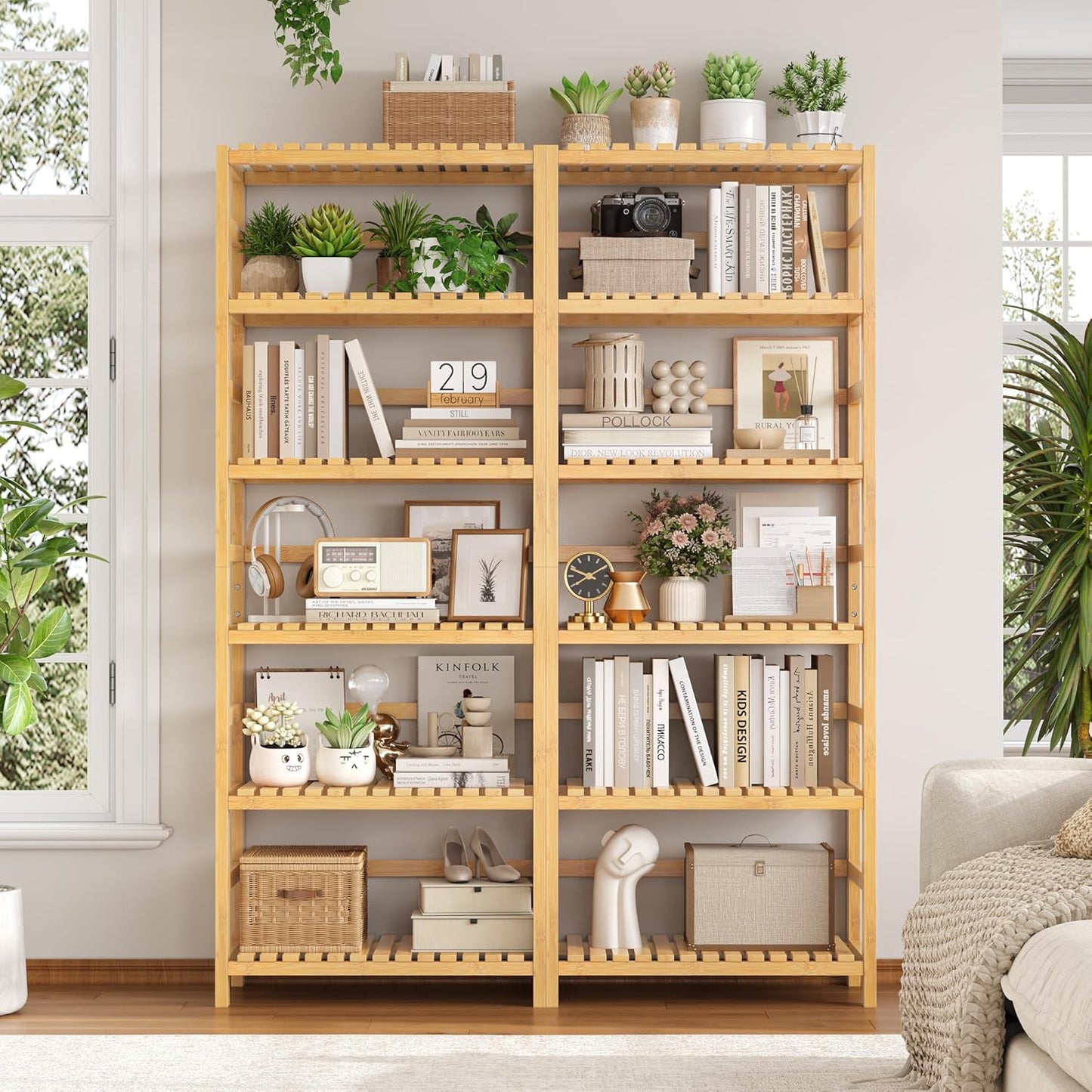 FOTOSOK 6-Tier Bamboo Shelf Set of 2, Bamboo Bookcase with Adjustable Shelves, Free Standing Storage Shelf Unit and Plant Flower Stand, Tall Large Bookshelf for Kitchen, Bathroom, Home Office, Natural