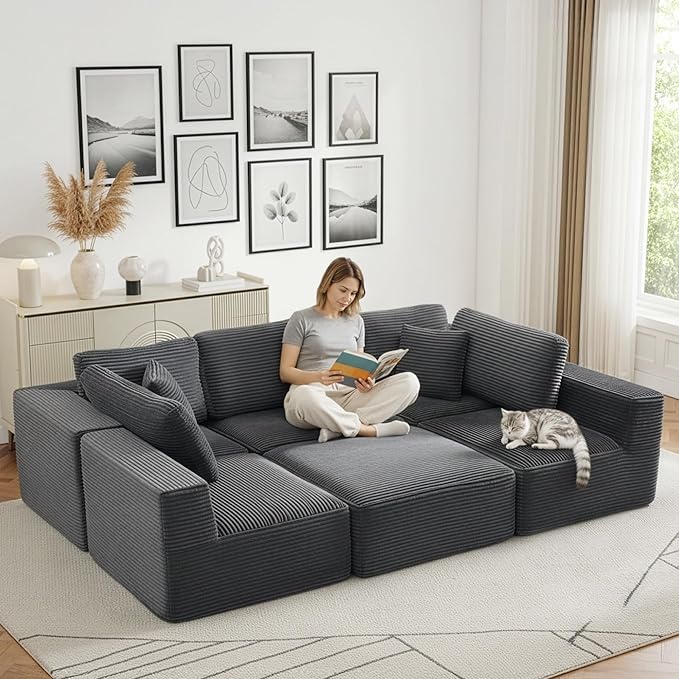 Cloud Modular Sectional Sleeper Sofa,U-Shape Modern Boneless Sectional Couch with Deep Seat,Upholstered Couches for Living Room Bedroom,No Assembly Required,Grey